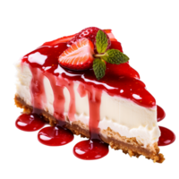 Perfect angled slice of fridge strawberry cheesecake with strawberry topping. png