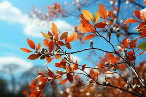 vistoso otoño follaje debajo un azul cielo, un asombroso estacional paisaje ai generado foto