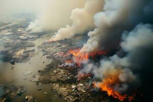 Aerial perspective reveals a landfills fiery waste, an environmental concern AI Generated photo