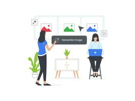 Flat cartoon vector illustration of a woman utilizing generative AI tool to create vibrant marketing assets. Colorful and dynamic visual representation