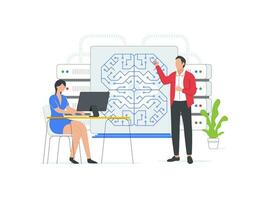 Flat vector illustration of business team developing artificial intelligence and machine learning. Design teams utilize AI to train ML systems