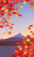 Yellow and orange maple leaves on the background of Mount Fuji. Autumn branches hang down from above. Vector vertical format.