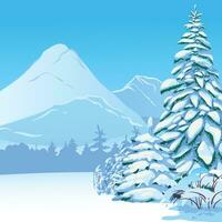 Vertical scene with falling snow. Snow-covered trees, firs against the backdrop of forests and mountains. Vector illustration. Christmas scene.