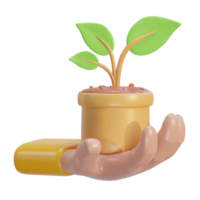 3d hand on fertilizer bag with soil and tree icon png