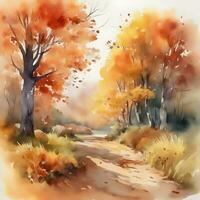 Autumn landscape painted with watercolor paints photo