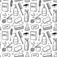 Seamless pattern with cleaning items - soap, scrub brushes, washing powder, spray bottle, toilet brush, sponges. Vector hand-drawn illustration in doodle style.Perfect for print, wallpaper, decoration