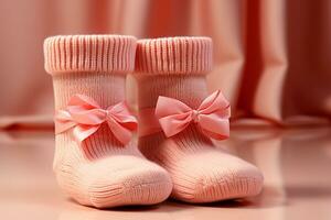 A duo of newborn socks on blush backdrop, awaiting your heartfelt message AI Generated photo