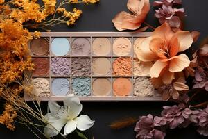 Eyeshadow palette and flowers in flat lay, offering space for text AI Generated photo
