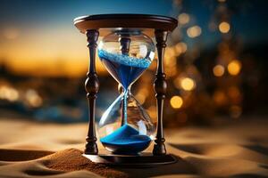 Blue backdrop, hourglass pouring sand, with space for your message AI Generated photo