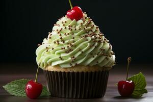 Green crown cupcakes with cream cheese frosting, crowned with a red heart AI Generated photo