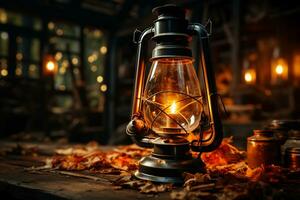 Glowing oil lamp in sunlit rustic barn near window AI Generated photo