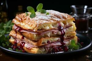 delicioso monte cristo, un sabroso banquete en un acogedor pequeño restaurante ai generado foto