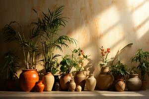Primitive pots outline a bamboo wall against a rising suns palette AI Generated photo