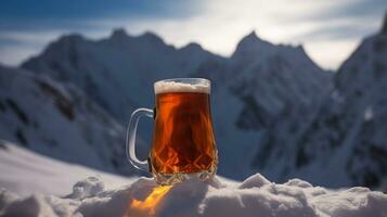 Glass of hot red wine close-up, background of snow-capped ski peaks of mountains. AI generated. photo