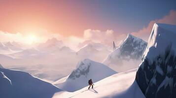 Skier on background of snow-covered mountain in rays of sun quickly descends. AI generated. photo