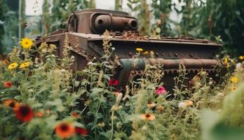 The concept of a world without war. Old vintage heavy military equipment in colored colors, sky background. photo