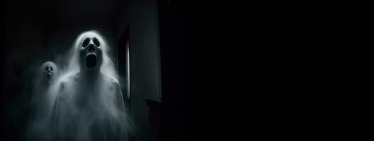 Halloween ghost in spooky empty house, dark mysterious background. AI generated. photo