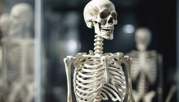 Human skeleton, educational laboratory background. Scientific body anatomy. AI generated. photo