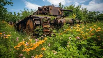 The concept of a world without war. Old vintage heavy military equipment in colored colors, sky background. photo