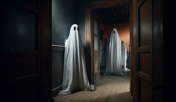 Halloween ghost in spooky empty house, dark mysterious background. AI generated. photo