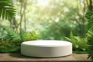 A white round device sits on a table in front of a jungle background photo