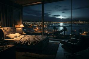 hotel habitaciones ver a Noche, con vista a el playa ai generado foto