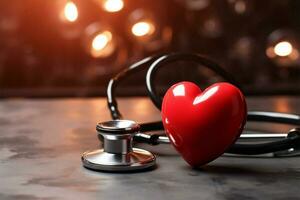 Heart care essence Dark background frames stethoscope and red heart AI Generated photo