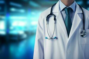 Medical background, Doctors white lab coat and stethoscope, symbolizing expertise AI Generated photo