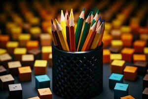 Pencils neatly arranged in holder, evoking a back to school vibe AI Generated photo