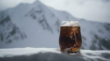 Glass of hot red wine close-up, background of snow-capped ski peaks of mountains. AI generated. photo