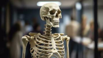 Human skeleton, educational laboratory background. Scientific body anatomy. AI generated. photo