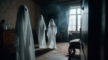 Halloween ghost in spooky empty house, dark mysterious background. AI generated. photo