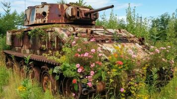The concept of a world without war. Old vintage heavy military equipment in colored colors, sky background. photo