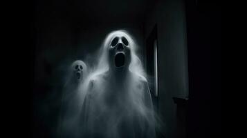 Halloween ghost in spooky empty house, dark mysterious background. AI generated. photo