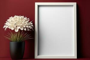 White blank frame mockup for displaying your photo or artwork over a crimson burgundy wall with home dcor. Generative AI