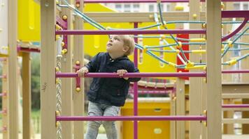 Cute little boy climbing on a jungle gym video