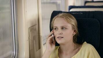 vrouw pratend Aan de telefoon in de trein video