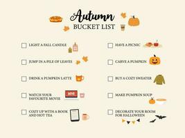 Autumn Bucker list. Fall to do list. Cute hand drawn illustrations doodles. Vector