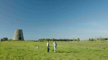 familie van drie wandelen in de platteland video