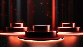 Luxury Round podiums with red carpet. Pedestals with spotlights. Generative Ai photo