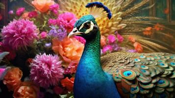 Beautiful peacock portrait on background of flowers. Vintage vertical painting. Generative Ai photo