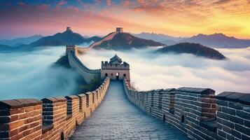 asombroso, genial pared de China brumoso Mañana amanecer. generativo ai foto
