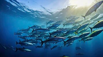 Tuna fish in the ocean. School of tuna fish in the ocean. Tuna. Generative Ai photo