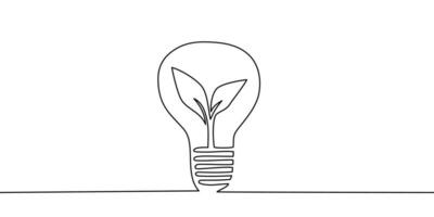 One line light bulb with plant. Continuous single line eco, energy safe concept bulb art. Brainstorm, business solution design concept. Vector