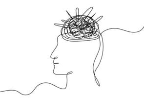 Continuous One Line Mental Chaos Brain Head Health Mind Art Sketch Doodle Concept.  Stress Therapy Problem Continuous One Line Drawing. A Single Stroke of Healing Vector Drawing for Mental Well-being