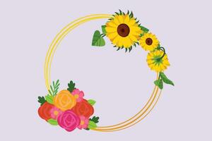 Sunflower and floral frame concept. Colored flat vector illustration isolated.