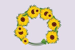 Sunflower and floral frame concept. Colored flat vector illustration isolated.