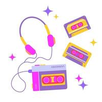 Music Set 90's. Vector Illustration Audio Cassette Player,  Cassettes and Headphones for Stickers, Logos, Prints, Patches and Social Media.