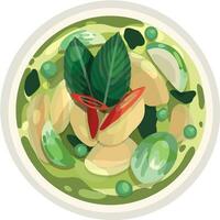 Thai Green Curry Illustration. Top View Thai Food Illustration Vector. vector