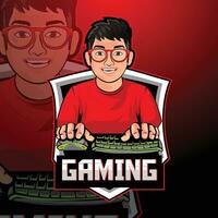 Gamer boy mascot with keyboard and mouse sport illustration design for logo esport gaming vector